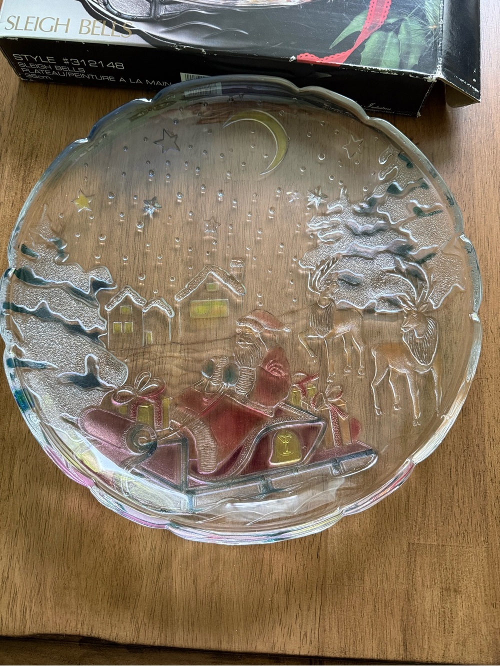Vintage 1989 Crystal Clear Studios Sleigh Bells 14" Glass Serving Platter NIB